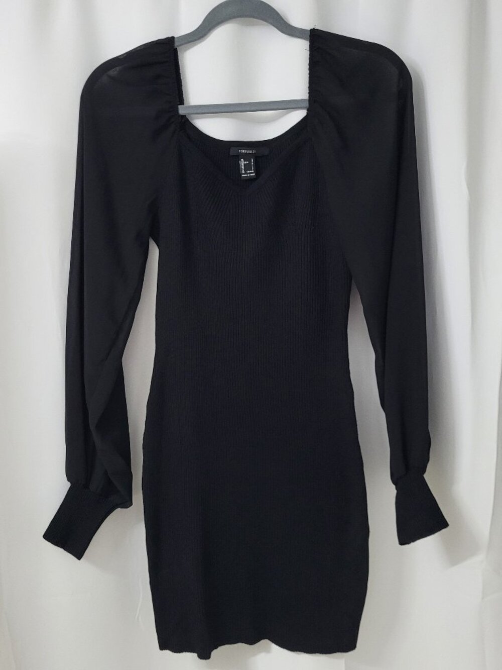 Forever 21 Black Ribbed Knit Mini Dress with Sheer Puff Sleeves